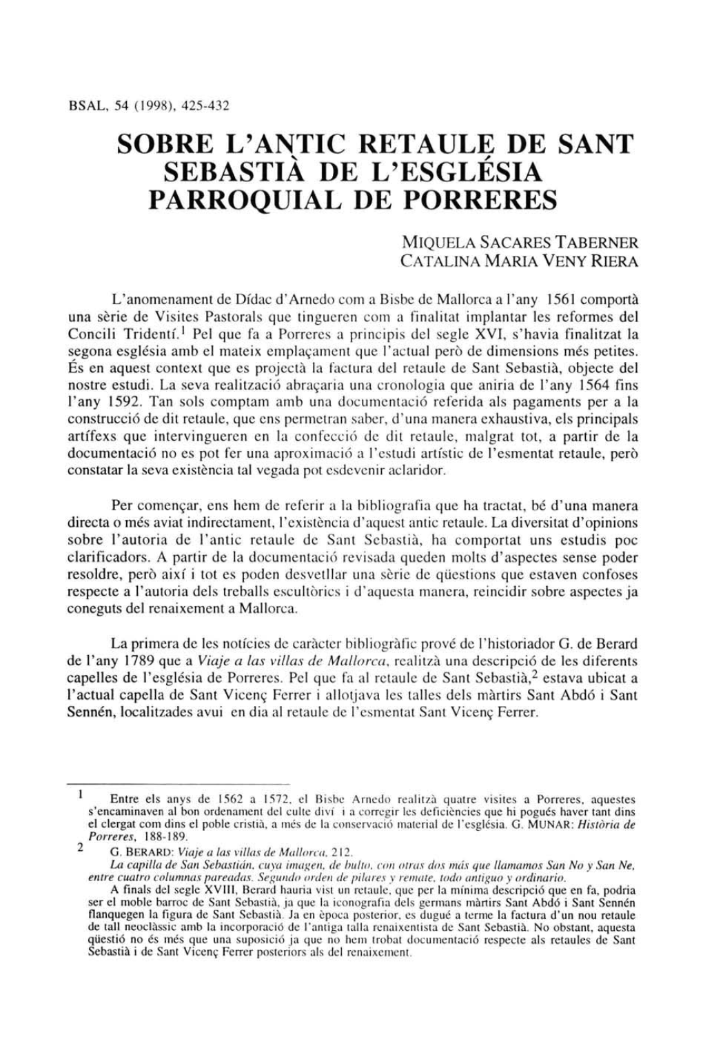 Sobre L'antic Retaule De Sant Sebastià De L'església Parroquial De Porreres