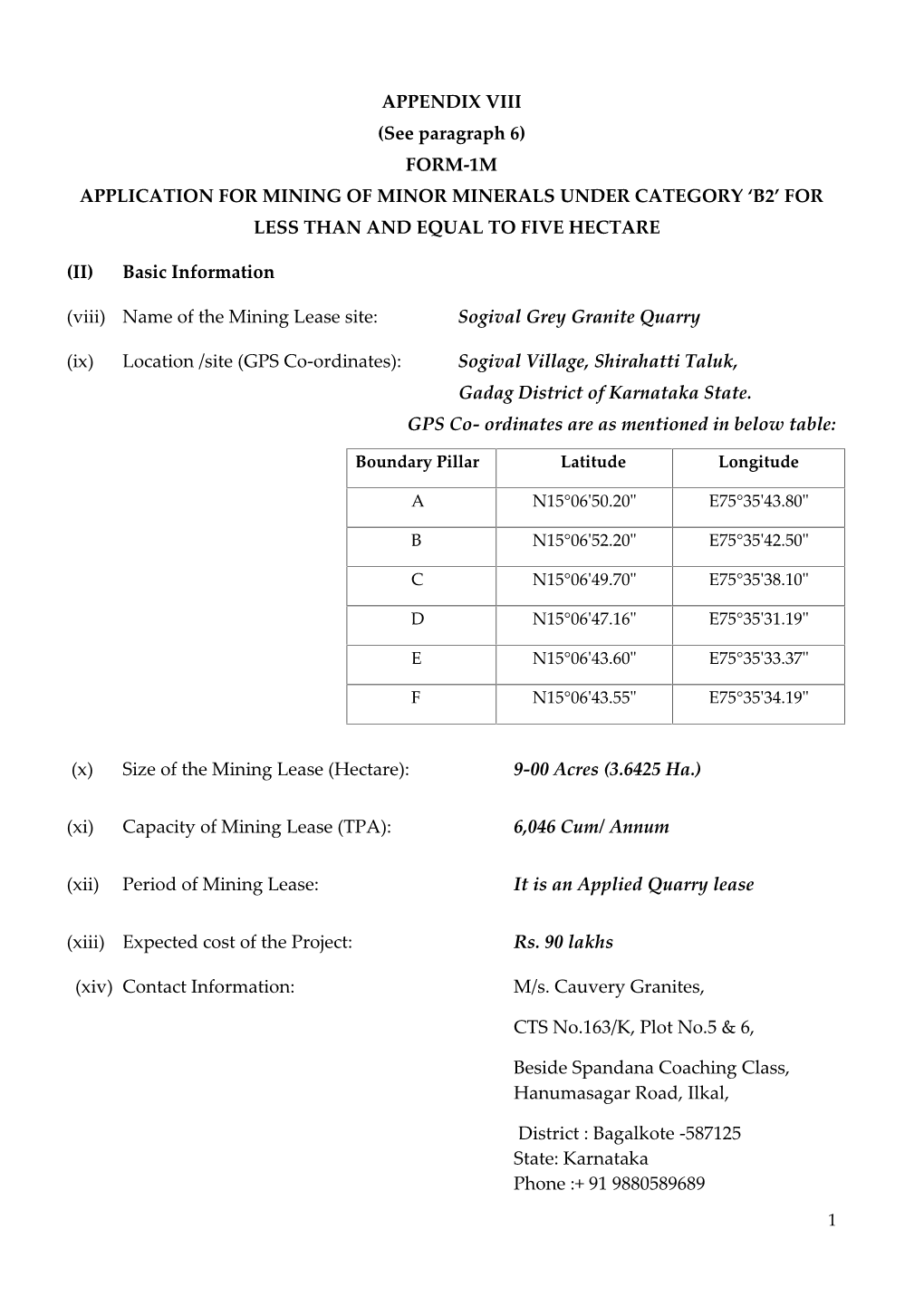 Form-1M Application for Mining of Minor Minerals Under Category ‘B2’ for Less Than and Equal to Five Hectare