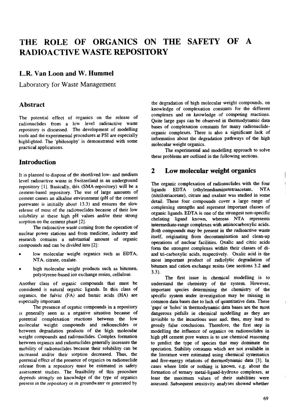 The Role of Organics on the Safety of a Radioactive Waste Repository