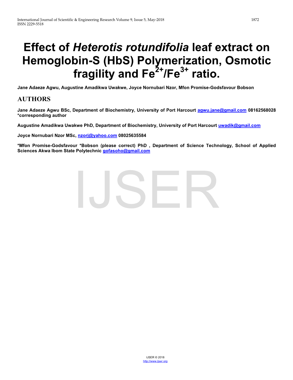 Effect of Heterotis Rotundifolia Crude Leaf Extract on Hb-S Erythrocyte Polymerization, Osmotic Fragility and Fe2+/Fe3+ Ratio