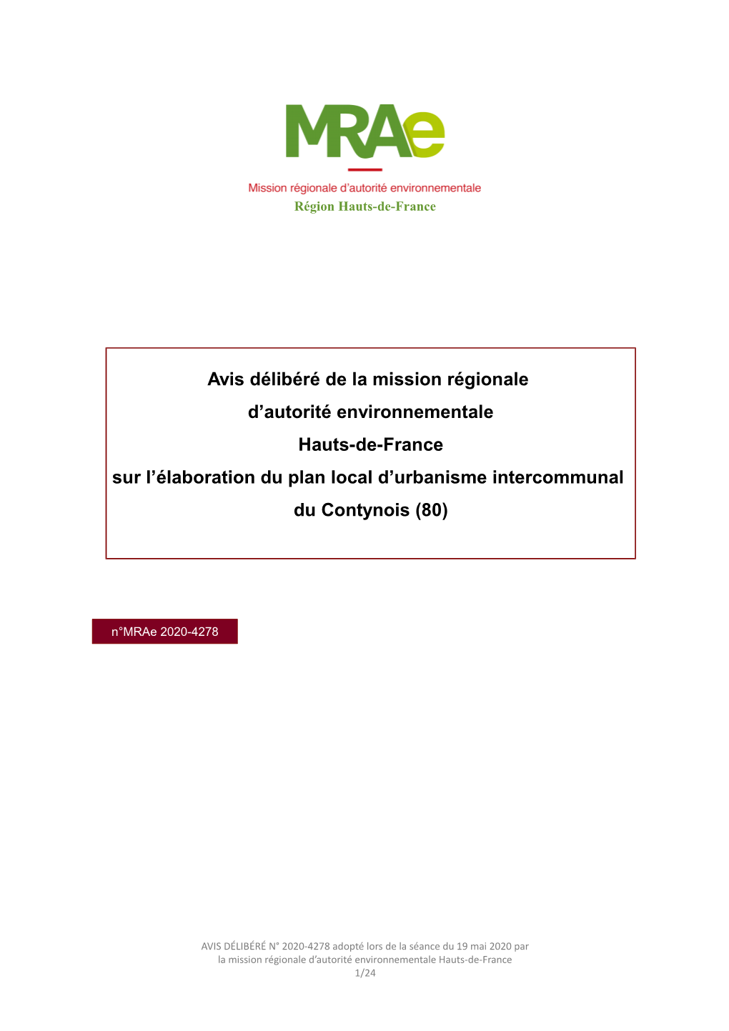 Avis Délibéré De La Mission Régionale D'autorité Environnementale Hauts