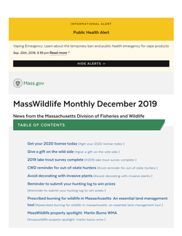 Masswildlife Monthly December 2019 News from the Massachusetts Division of Fisheries and Wildlife TABLE of CONTENTS