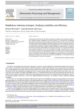 Mapreduce Indexing Strategies: Studying Scalability and Efﬁciency ⇑ Richard Mccreadie , Craig Macdonald, Iadh Ounis