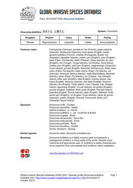 FULL ACCOUNT FOR: Dioscorea Bulbifera Global Invasive Species Database (GISD) 2021. Species Profile Dioscorea Bulbifera. Availab