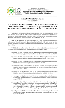 OFFICE of the PROVINCIAL GOVERNOR EXECUTIVE ORDER NO. 61 Series of 2020
