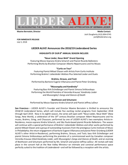 LIEDER ALIVE! Announces the 2018/19 Liederabend Series