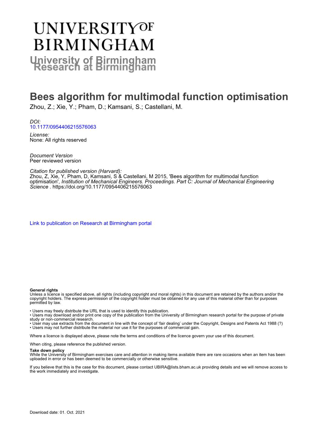 University of Birmingham Bees Algorithm for Multimodal Function