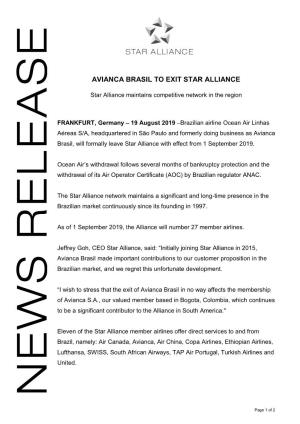 Avianca Brasil to Exit Star Alliance