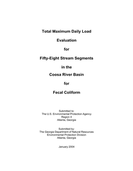 Total Maximum Daily Load Evaluation for Fifty-Eight Stream Segments in the Coosa River Basin for Fecal Coliform