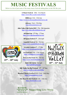 MUSIC FESTIVALS Below Is a List of Just Some of the Many Music Festivals Taking Place in the UK This Year