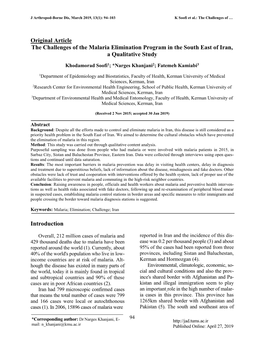 Original Article the Challenges of the Malaria Elimination Program in the South East of Iran, a Qualitative Study