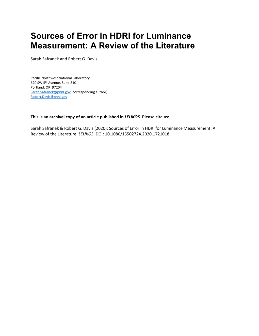 Sources of Error in HDRI for Luminance Measurement: a Review of the Literature