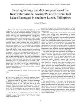 Feeding Biology and Diet Composition of the Freshwater Sardine, Sardinella Tawilis from Taal Lake (Batangas) in Southern Luzon, Philippines