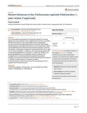 Recent Advances in the Field Trichomonas Vaginalis [Version 1