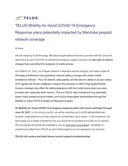TELUS Mobility for Good COVID-19 Emergency Response Plans Potentially Impacted by Manitoba Prepaid Network Coverage