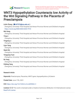 WNT3 Hypopethylation Counteracts Low Activity of the Wnt Signaling Pathway in the Placenta of Preeclampsia