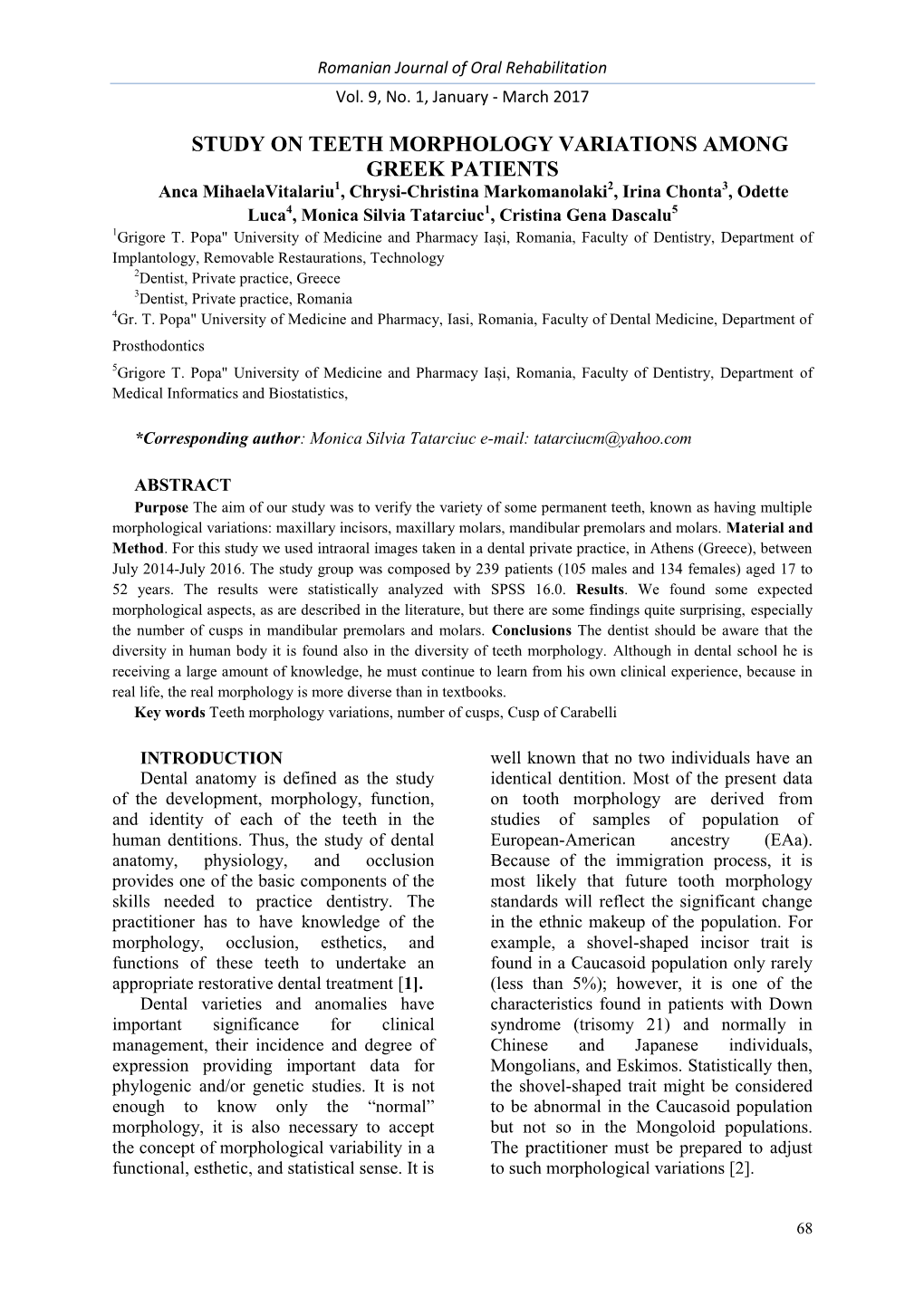 Study on Teeth Morphology Variations Among Greek