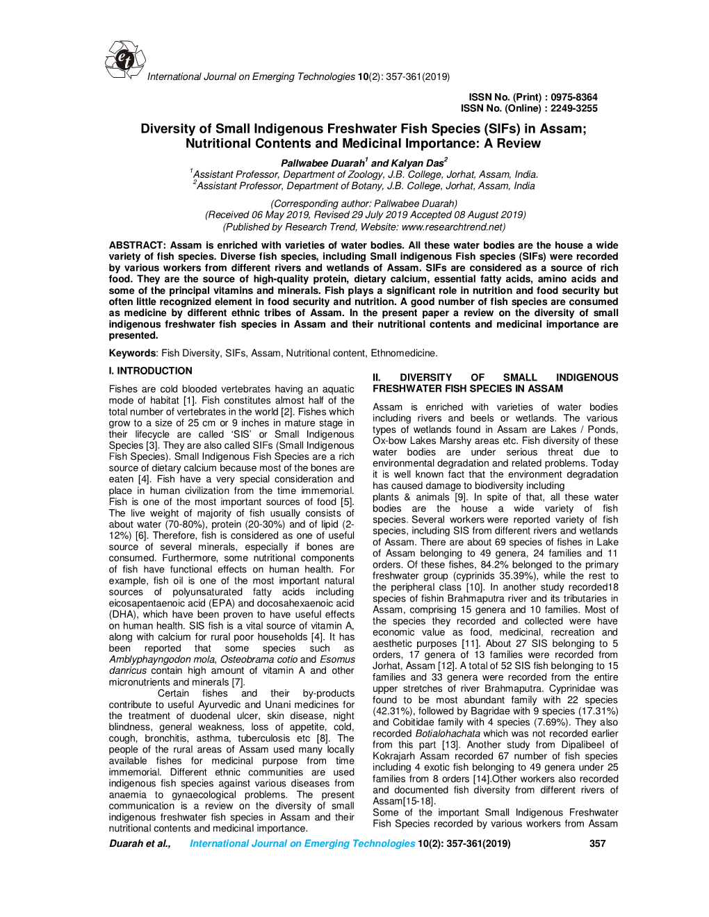 Diversity of Small Indigenous Freshwater Fish