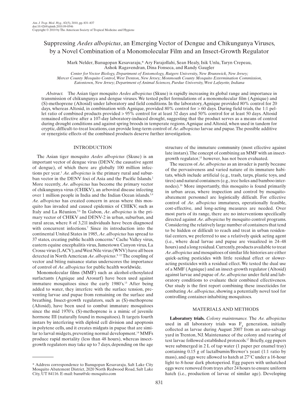 Suppressing Aedes Albopictus, an Emerging Vector of Dengue And