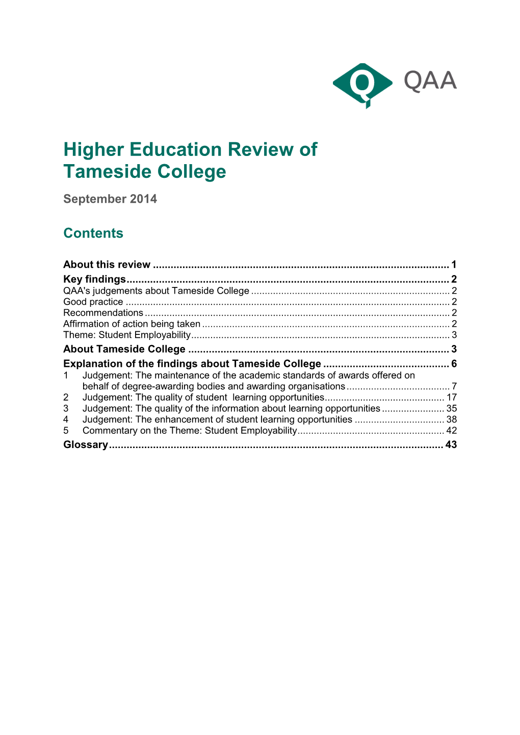 Higher Education Review: Tameside College, September 2014