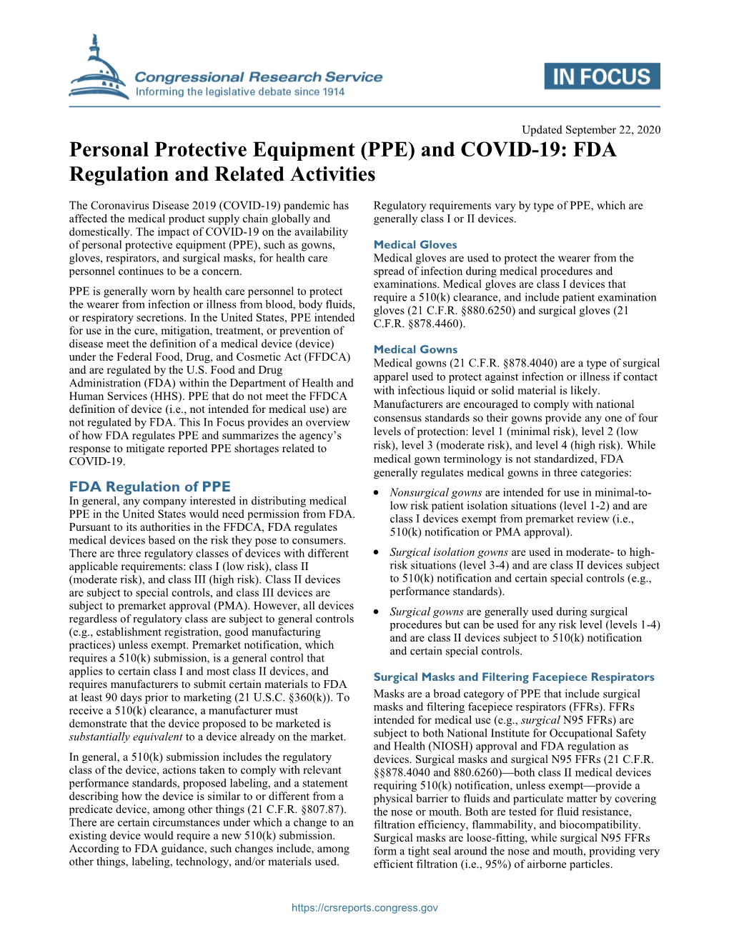 Personal Protective Equipment (PPE) and COVID-19: FDA Regulation and Related Activities
