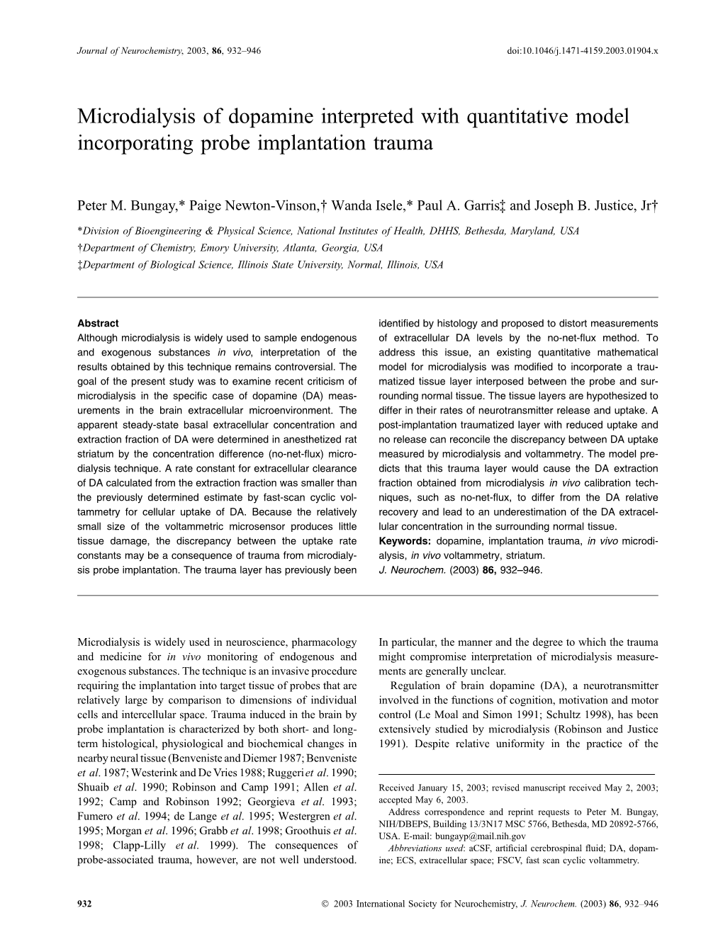 Microdialysis of Dopamine Interpreted with Quantitative Model Incorporating Probe Implantation Trauma