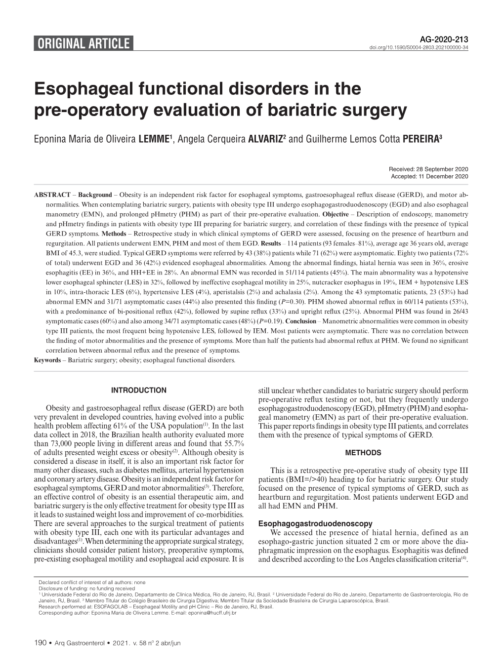 Esophageal Functional Disorders in the Pre-Operatory Evaluation of Bariatric Surgery