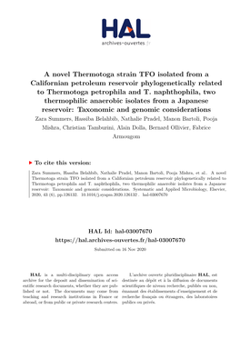 A Novel Thermotoga Strain TFO Isolated from a Californian Petroleum Reservoir Phylogenetically Related to Thermotoga Petrophila and T