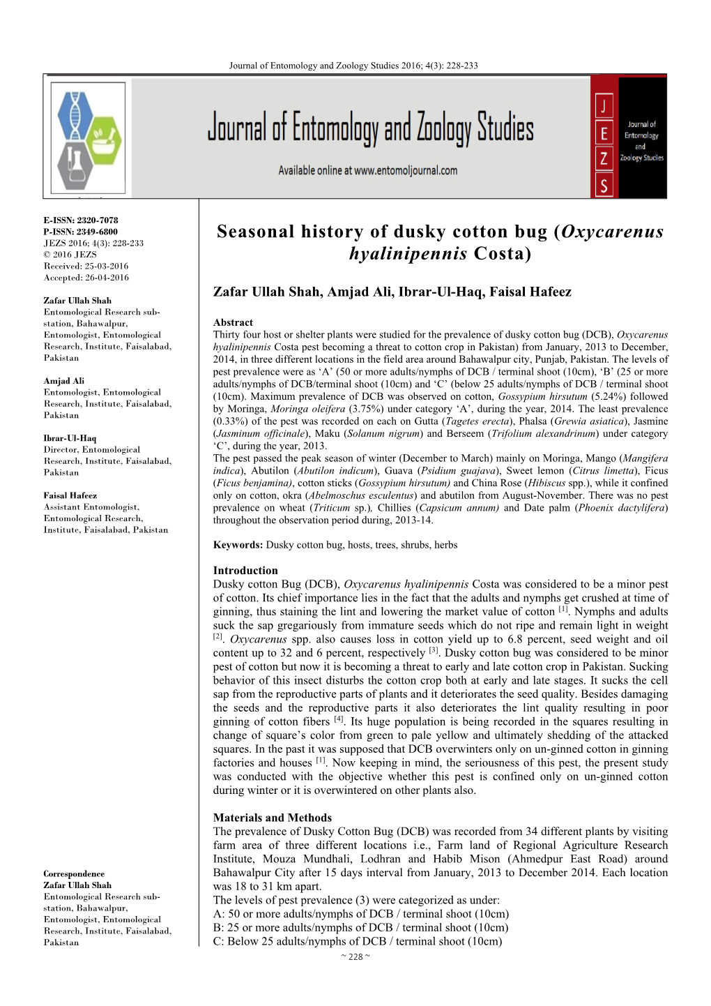 Seasonal History of Dusky Cotton Bug (Oxycarenus Hyalinipennis Costa)