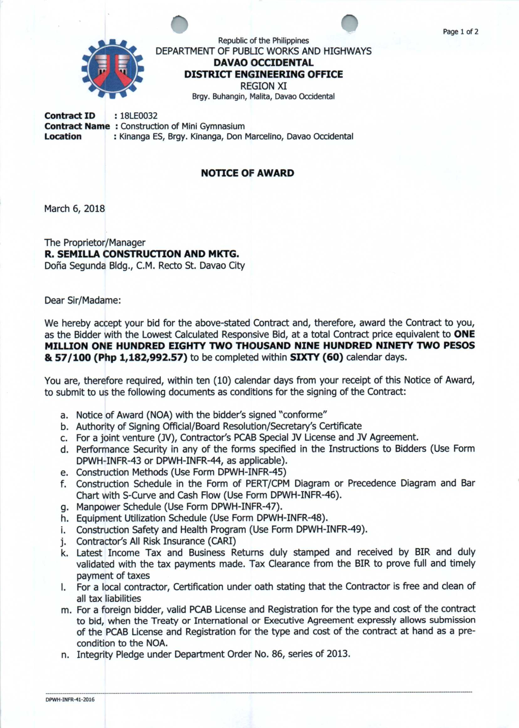 Notice of Award Department of Public Works And