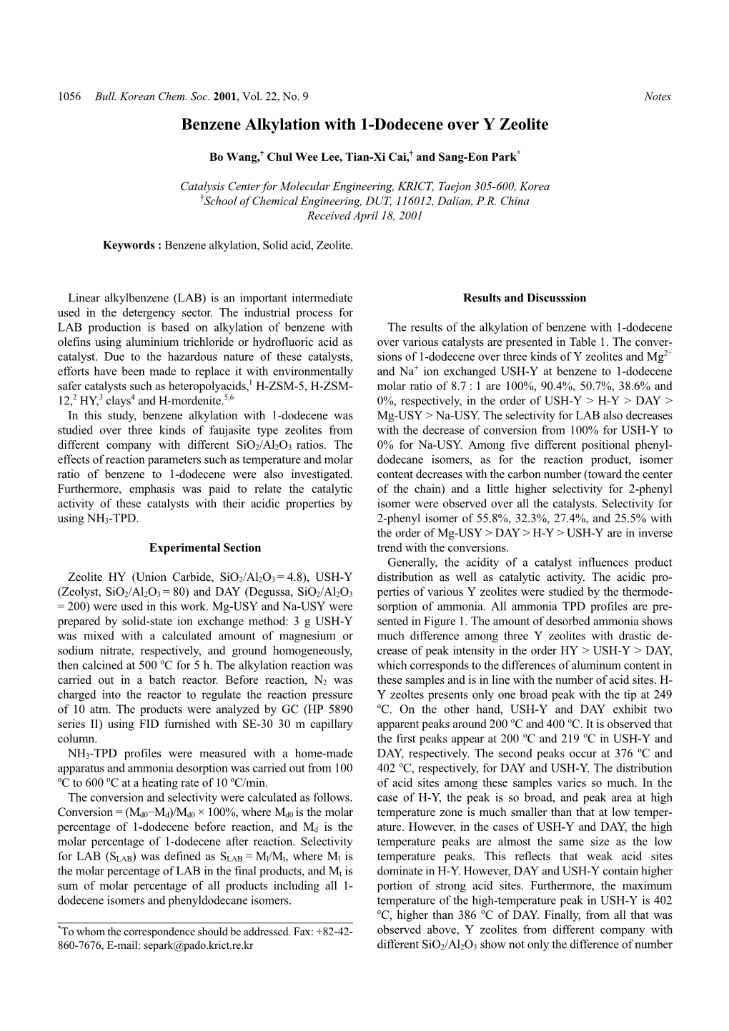 Benzene Alkylation with 1-Dodecene Over Y Zeolite