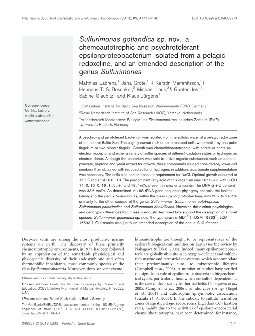 Sulfurimonas Gotlandica Sp. Nov., a Chemoautotrophic And