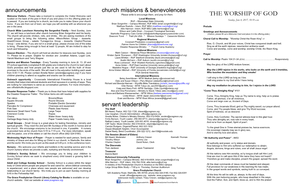 THE WORSHIP of GOD Located on the Back of the Pew in Front of You and Place It in the Offering Plate As It Local Missions Sunday, June 4, 2017, 10:50 A.M
