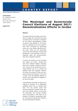 Municipal and Governorate Council Elections of August 2017: August 2017 Decentralization Efforts in Jordan