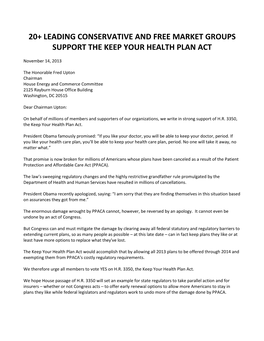 20+ Leading Conservative and Free Market Groups Support the Keep Your Health Plan Act