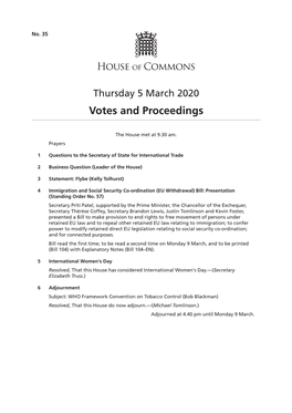Votes and Proceedings for 5 Mar 2020