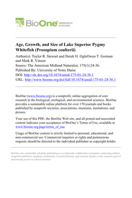 Age, Growth, and Size of Lake Superior Pygmy Whitefish (Prosopium Coulterii) Author(S): Taylor R