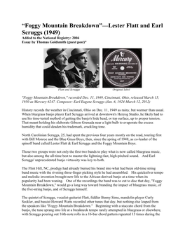Foggy Mountain Breakdown”—Lester Flatt and Earl Scruggs (1949) Added to the National Registry: 2004 Essay by Thomas Goldsmith (Guest Post)*