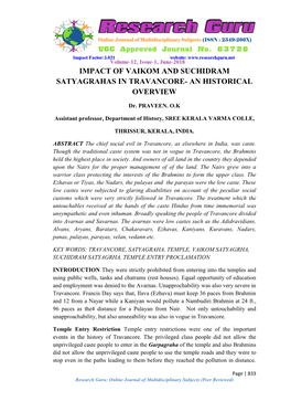 Impact of Vaikom and Suchidram Satyagrahas in Travancore- an Historical Overview
