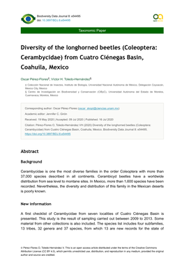 Diversity of the Longhorned Beetles (Coleoptera: Cerambycidae) from Cuatro Ciénegas Basin, Coahuila, Mexico