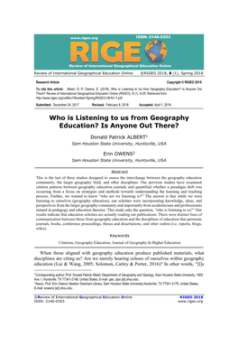 Who Is Listening to Us from Geography Education? Is Anyone out There? Review of International Geographical Education Online (RIGEO), 8 (1), 9-25