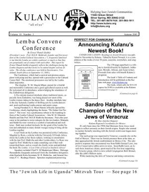 Autumn 2003 Lemba Convene PERFECT for CHANUKAH! Announcing Kulanu’S Conference by Ernest Nhandi (Sadiki) Newest Book! (President’S Note: Prof