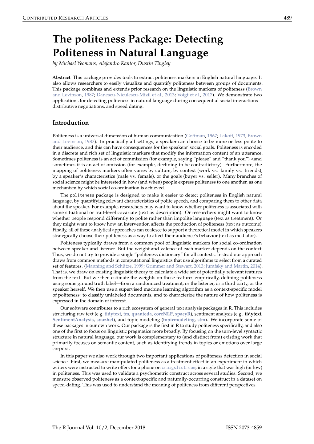 Detecting Politeness in Natural Language by Michael Yeomans, Alejandro Kantor, Dustin Tingley