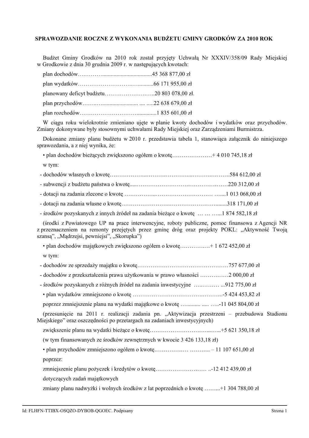 Sprawozdanie Roczne Z Wykonania Budżetu Gminy Grodków Za 2010 Rok