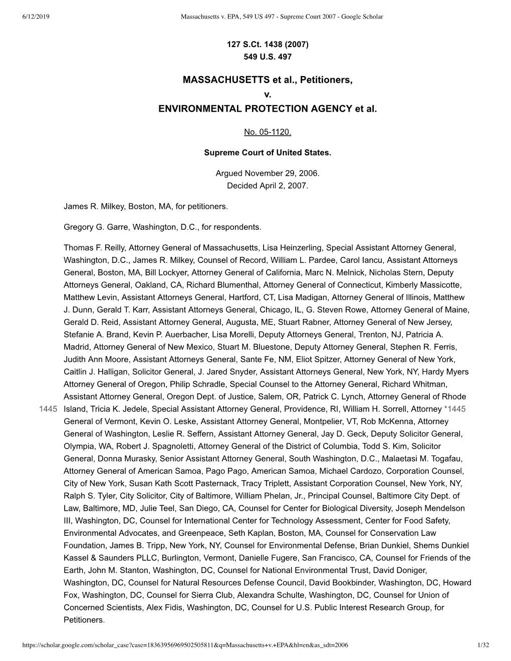Massachusetts V. EPA, 549 US 497 - Supreme Court 2007 - Google Scholar