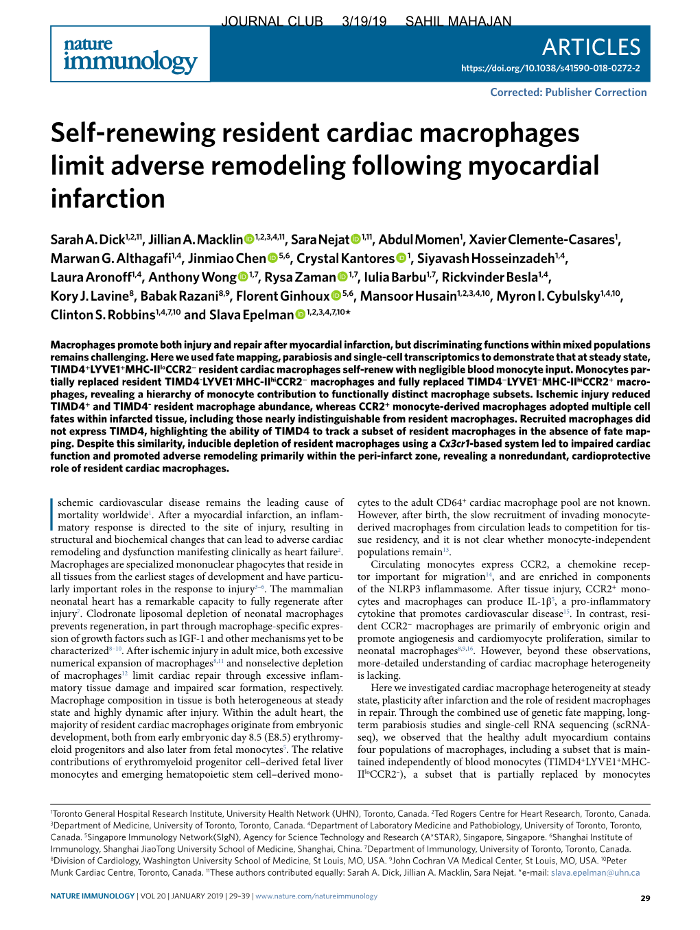 Self-Renewing Resident Cardiac Macrophages Limit Adverse Remodeling Following Myocardial Infarction