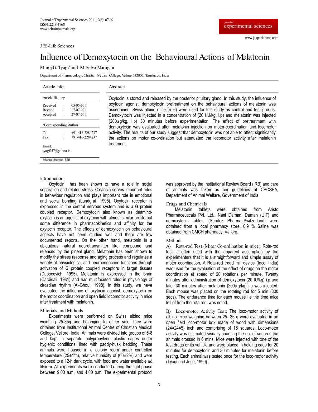 Influence of Demoxytocin on the Behavioural Actions of Melatonin Manoj G