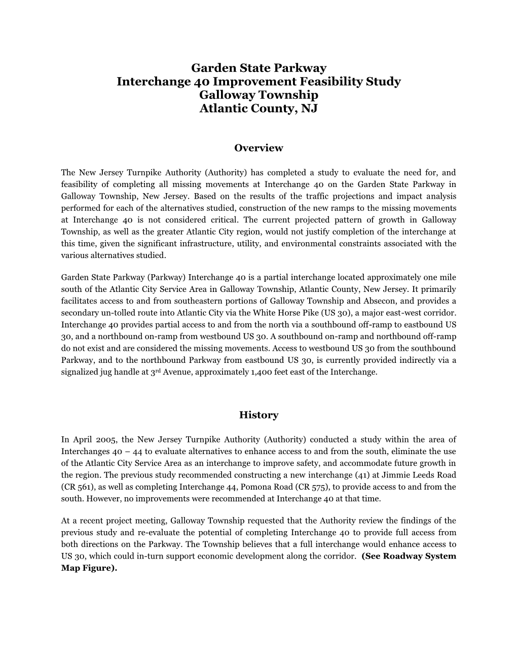 Garden State Parkway Interchange 40 Improvement Feasibility Study Galloway Township Atlantic County, NJ