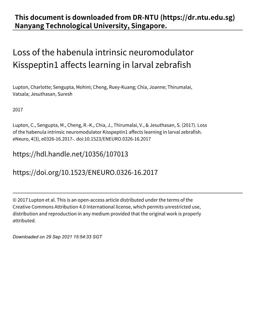 Loss of the Habenula Intrinsic Neuromodulator Kisspeptin1 Affects Learning in Larval Zebrafish