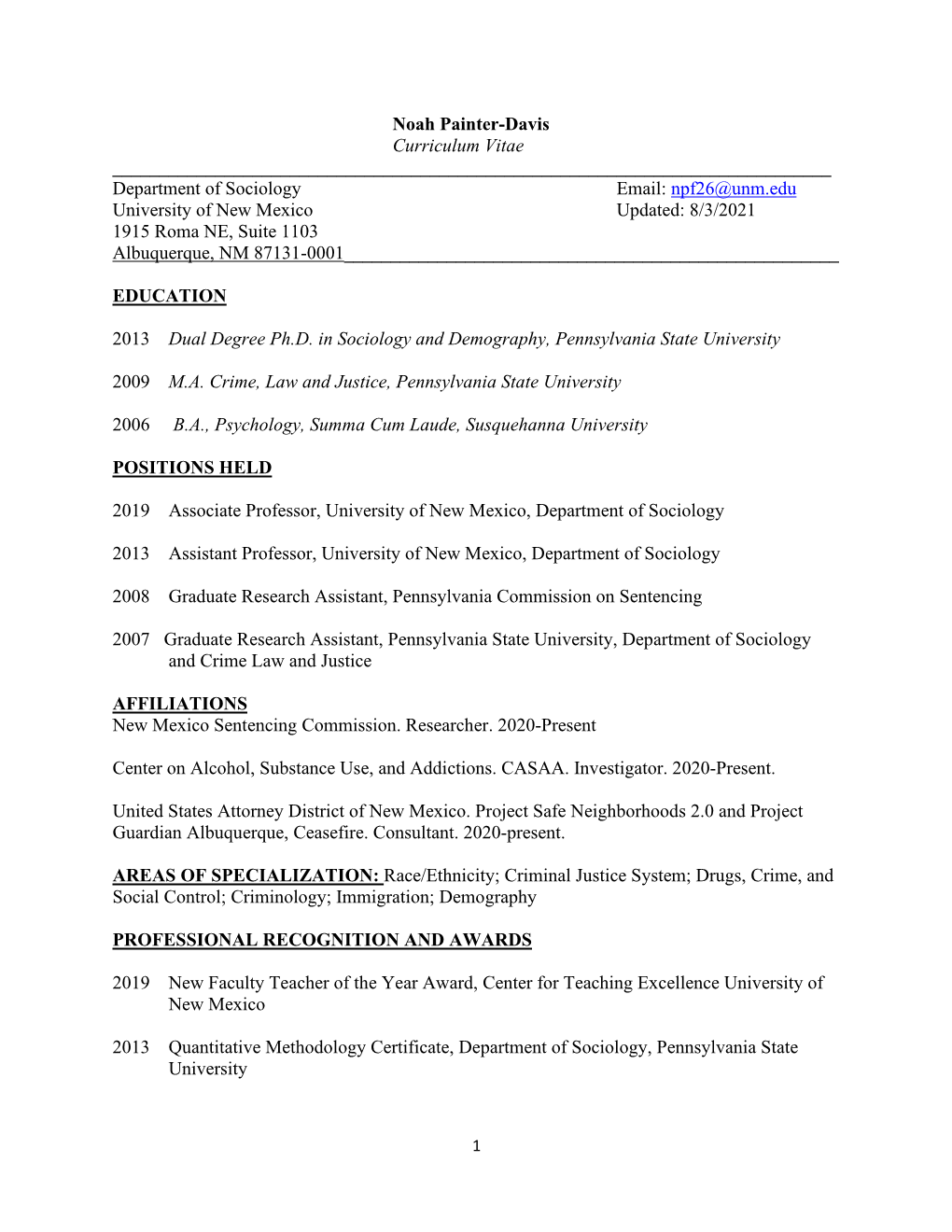 Noah Painter-Davis Curriculum Vitae